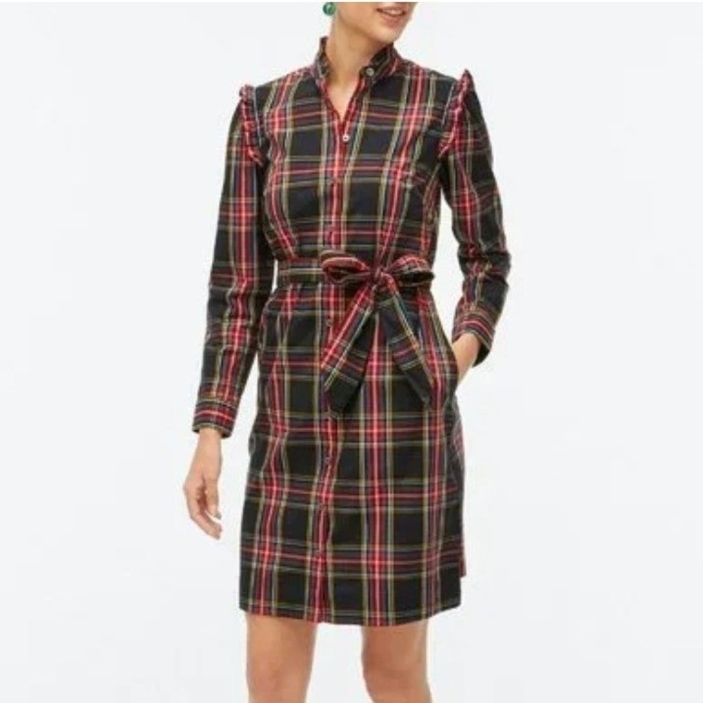 J.Crew Plaid Shirt Dress Size 4P Multicolor Ruffle Trim Belted Preppy Classic